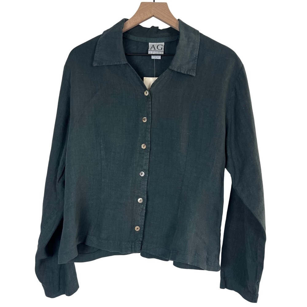 AG Sport Women XL Forest Green 100% Linen Button Down Shirt Made in USA NWT